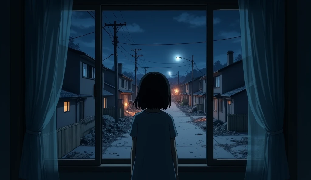 Watching from a bedroom window on the second floor at night, The street from your destroyed house anime style
