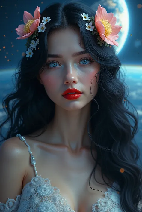 Photo of a beautiful woman in high quality 8k the woman with long black hair with flowers on her long hair straight blue eyes red lips background with planet Earth and Jupiter Venus shooting stars with lots of brightness and radiant divine light 