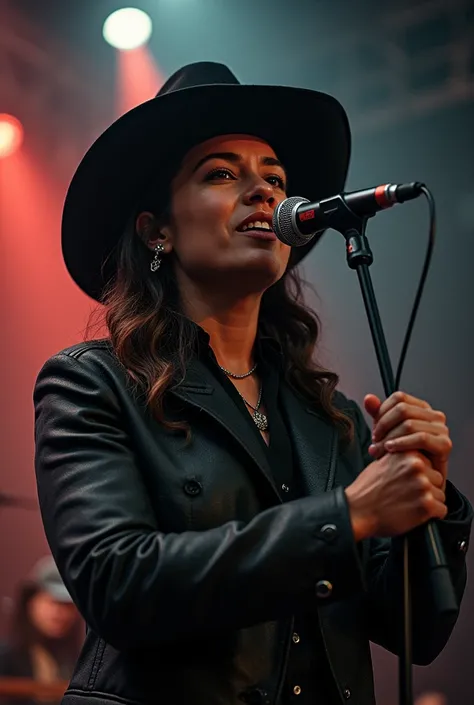 Create a model of a singer wearing a cowboy hat and black jacket singing into the microphone on top of the stick