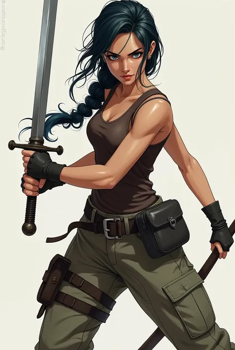 19 year old girl with her hair in a braid, dark blue smoky eyes, small amount of freckles, black hair with blue hues, full body pic, fighter. Wearing cargo pants and a brown tank top. Sword in hand, satchel at side