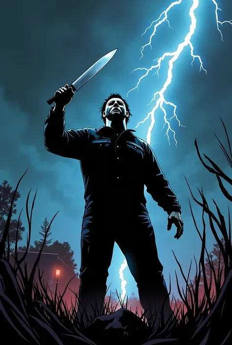 Score_ 1 Above Make a Michael Myers Comic Strip with the Knife in His Hand Holding Up and with thunder behind it and a title of the text Saying: The form Returned .