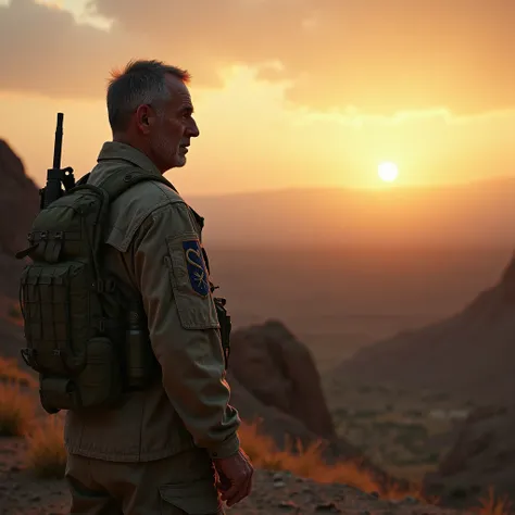  Military man of approximately 40 years old , backwards,  empty battlefield watching an epic sunset, Afghan-style terrain 