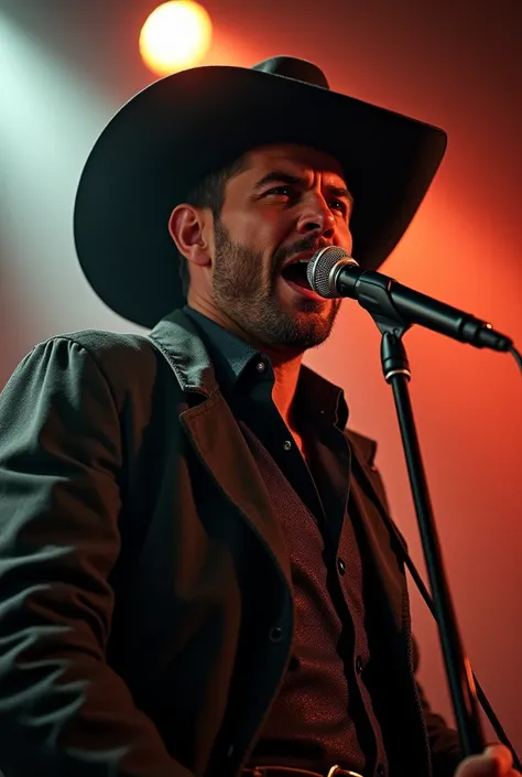 Create a model of a singer wearing a cowboy hat and black jacket singing into the microphone on top of the stick