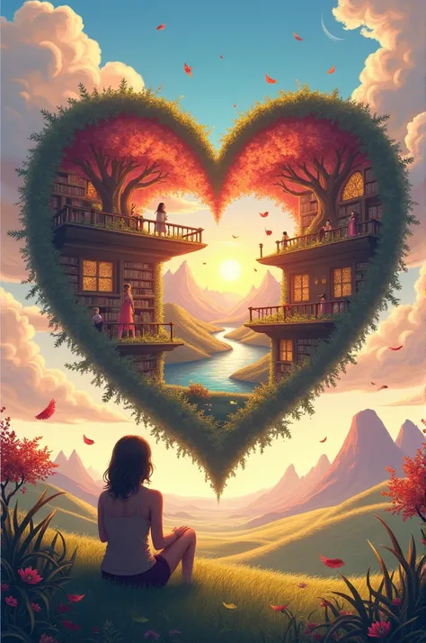 "The image is a beautifull Red heart with a enchanting library.  The scene begins with a morning sky painted in soft, rose-like hues, blending with the scent of fresh-cut grass that spreads across an endless field of smiles. Inside the heart in the left is...