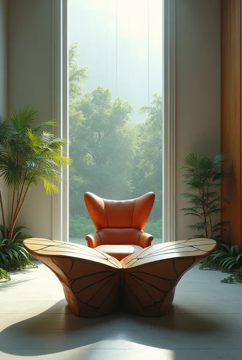 A psychological office with a butterfly-shaped desk and a large office chair