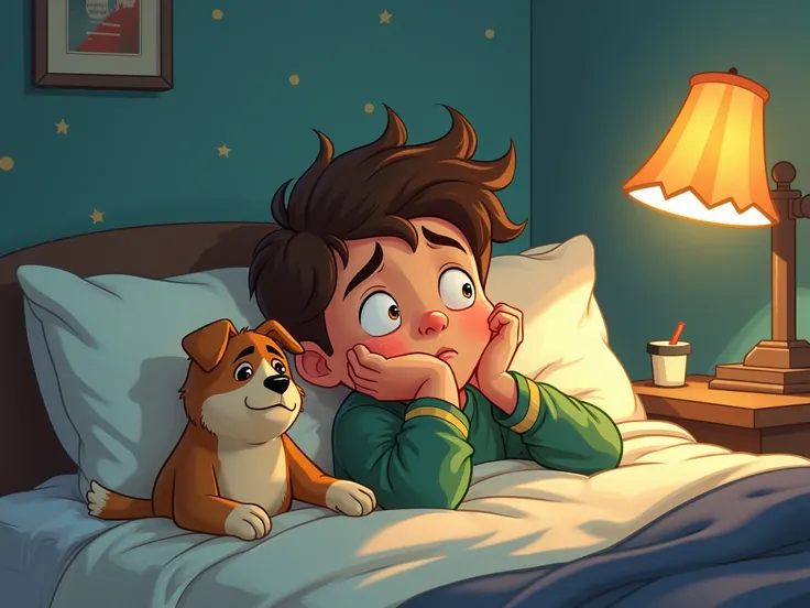   boy lying on the bed ,  looking at the ceiling with a frustrated expression,  room , dog sitting by the bed ,  illustration style  