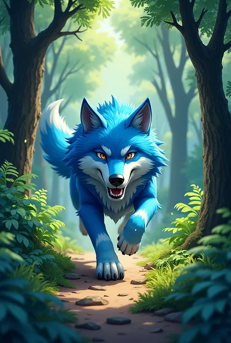 cartoon alpha blue wolf running in the woods