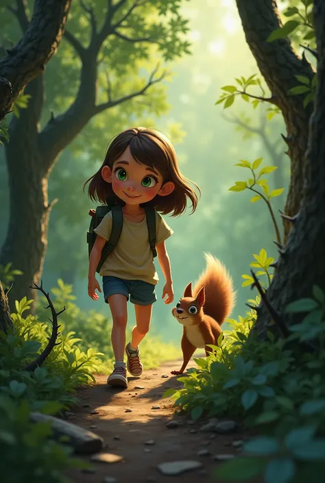 Lily, is a  girl with shoulder-length brown hair and bright green eyes. carefully moving sideways along a narrow clearing next to the thorny bushes, her backpack slightly brushing against the leaves. The squirrel follows her, twitching its tail excitedly.
