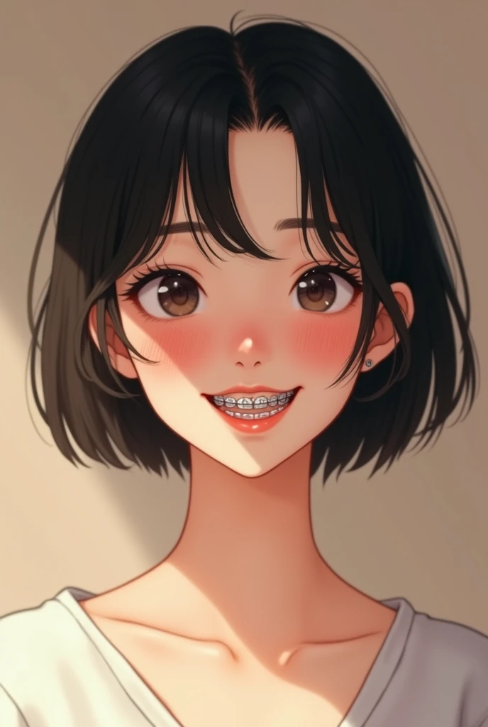 A pretty girl with short black hair and braces on her teeth 