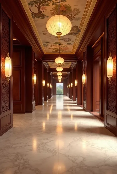  vast and imposing corridors ,  with polished marble floors that gently reflect light ,  are adorned with delicately hung paper lanterns and carved wood panels with refined details. The ceilings ,  adorned with paintings that narrate ancient stories and he...