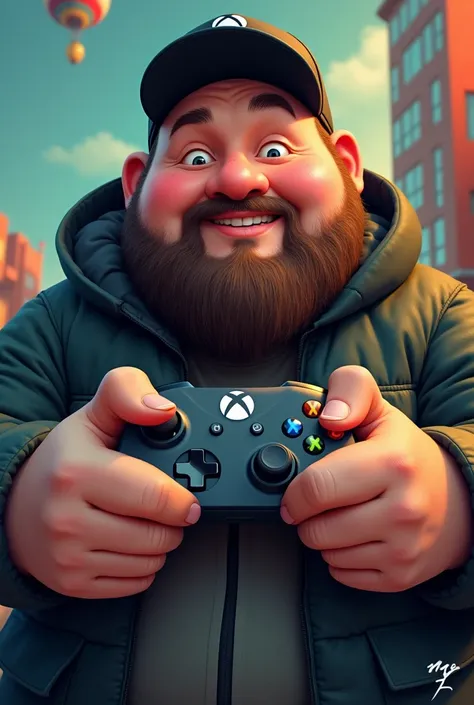 Spanish black hair chubby bald guy with beard and black baseball hat cartoon holding xbox contoller