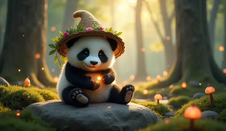 Create a hyper-realistic and cinematic image of a cute and charming baby panda bear with a funny, endearing face. The panda is in a mystical and enchanting forest, surrounded by towering ancient trees with glowing, bioluminescent leaves that cast a soft, e...