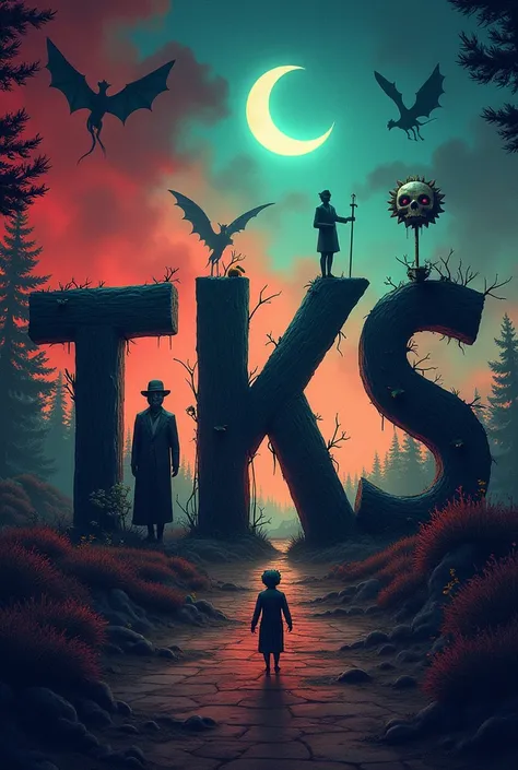 Write the letters TKS in the middle and add the colors red blue and green in the background and add 3 shadow figures and add a moon, skull, and sword and add dragons in the background  and add a puppet in the background 