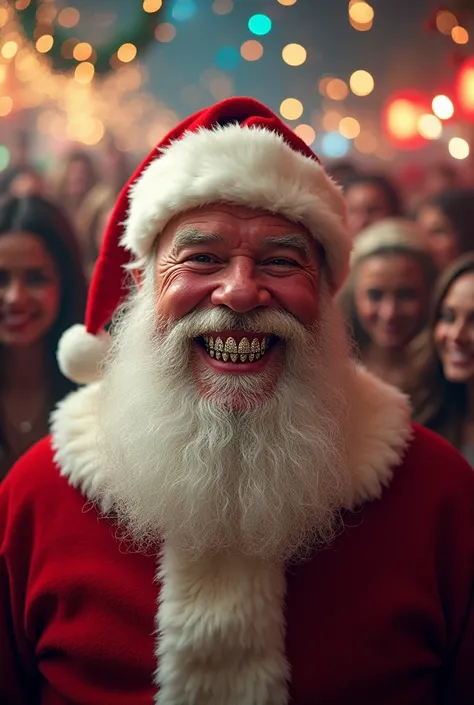 Santa Claus with a trap-style grill on his teeth at the Christmas party 