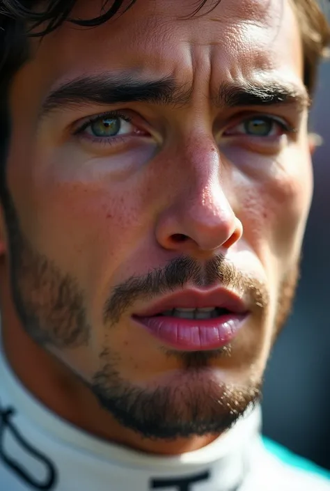 Close-up of the face of Madison Beer  ( Formula 1 driver of the Mercedes )  team just got out of his car which is on the podium while his face shows a slight tiredness and sweat from the race