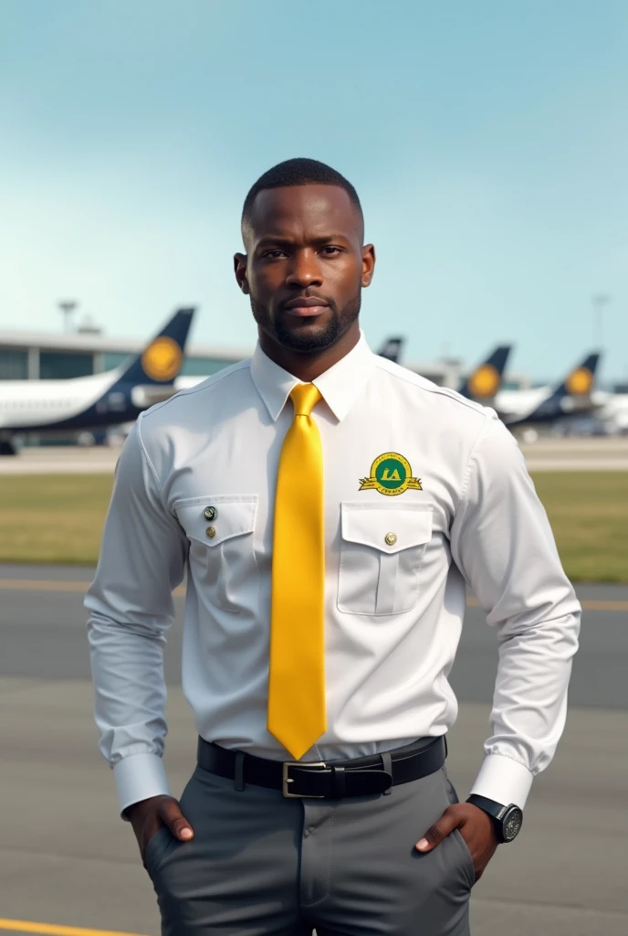  Brown-skinned man, Wearing Laser Airlines uniform,  long sleeve white shirt , Yellow tie,  lead gray pants and black shoes on the front of the shirt has the laser airlines logo in yellow and green,  in the background an airport runway with planes of laser...