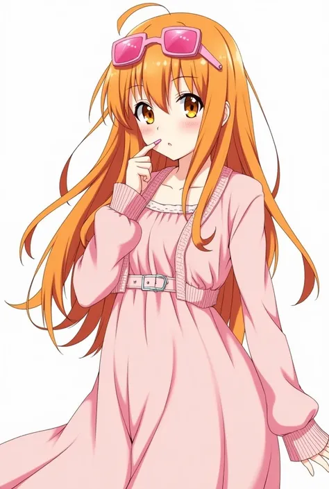 Anime Asuna Yuuki with orange eyes orange hair she is wearing a pink dress with belt she is wearing a pink knit jacket and pink blouse she has pink sunglasses on her head with lip pen in her hand