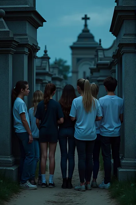 group of young people wearing clothes ironed next to the wall of a cemetery at night on the dirt road 