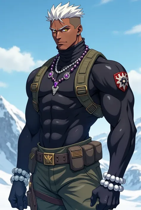 Make a muscular tall black man wearing soldier clothes and necklace with purple jewelry around the neck and wrist with yellow eyes and white hair and white beaded bracelets wearing a turtleneck shirt and camouflaged pants with an anime-style antartic backg...