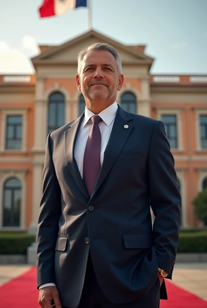  The President of Panama stands in front of the presidential palace in a solemn suit, The flag is flying in the background, and magical energy surrounds him ,  symbolizing the strength of his nation , He looks into the camera