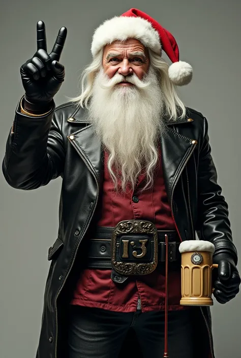 A rocker Santa Claus dressed in black leather ,  with one hand making the rock sign and in the other a beer chop made of cold porcelain
P