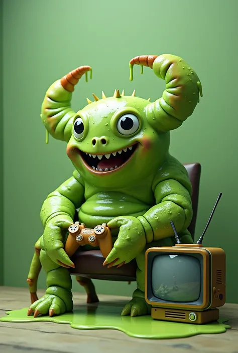 Green slime covered crab monster,  smiling, playing video games on a tiny black and white tv