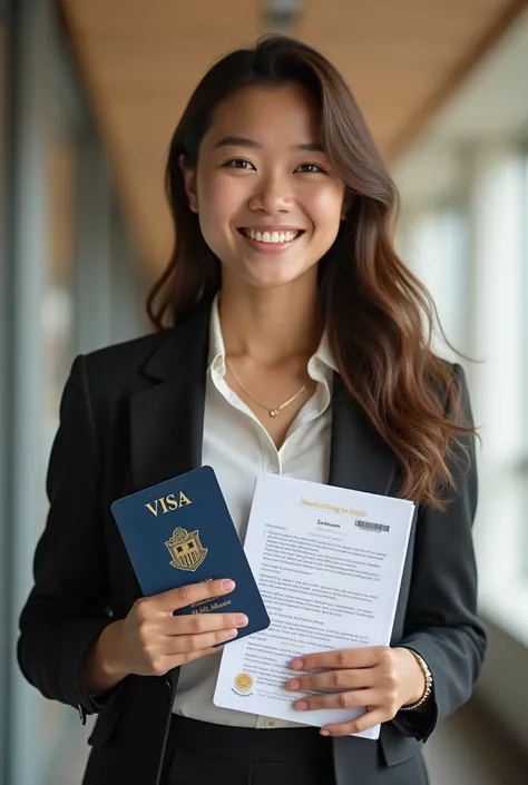 A picture of a married young lady holding her visa with full scholarship grant in Ivy League schools in the USA in the year 2025