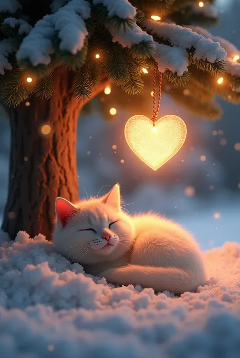 A Christmas tree
decorated with a luminous glittering heart full of magic, an extremely cute and soft cat is under the tree, the landscape is magical, filled with light and snowy
