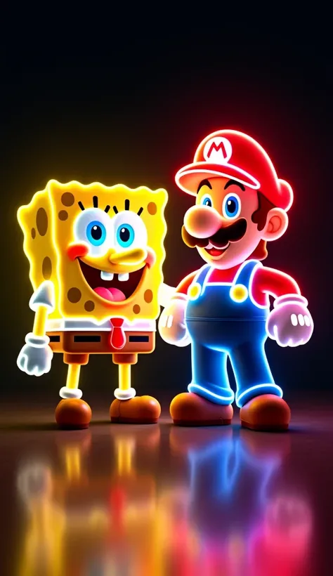 "An illustration of glowing neon-style cartoon characters resembling a cheerful yellow sponge and a heroic plumber standing side by side in a dynamic and playful pose. The sponge character on the left glows with bright yellow neon light, featuring a square...