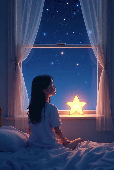 
A peaceful bedroom lit softly by the glowing star placed on the windowsill. Lily sits nearby, looking up at the clear night sky filled with stars.