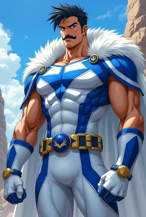  Images of a male anime character with a chevron mustache, wearing white bonded hero costume with blue details 