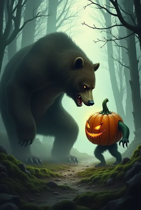 A fight between a hybrid bear and a living pumpkin 