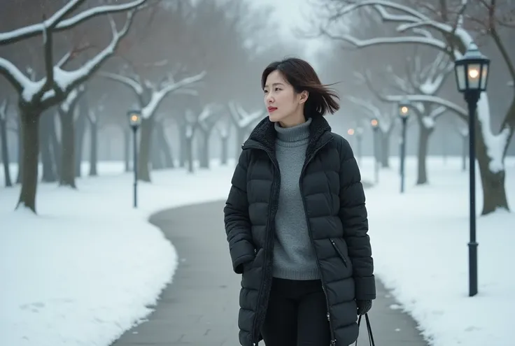  Beautiful Korean girl in her 50s  . Im walking in the park wearing a gray coat and sweater . A real beauty in her 50s Korean woman in a black coat  .  Snow blowing in the wind  . Its snowing a lot . A slow walk in the park  .  Realistic beauty in her 50s ...