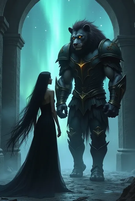  Beauty and the Beast  ,  the beauty in the front with long black hair  ,  with a black dress on the front and the beast with the head of a lion eyes on fire armor with a muscular chest showing behind her , They are in the dark castle  ,  with the Northern...