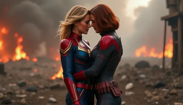 shot with a nikon 350 Captain Marvel and Black Widow sharing a tender kiss in the middle of a battlefield. Captain Marvel is in her red, blue, and gold jumpsuit with the starburst emblem glowing faintly on her chest. Black Widow wears her sleek black tacti...