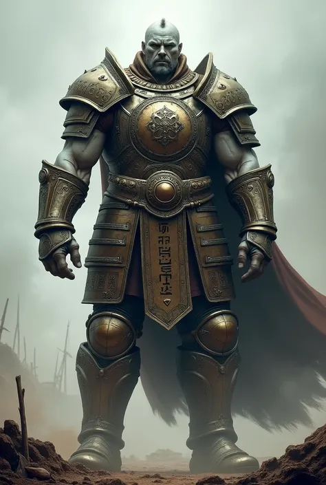 Create a Warrior with armor and with a war helmet and with a height of 3 meters, white skin and large muscles. 