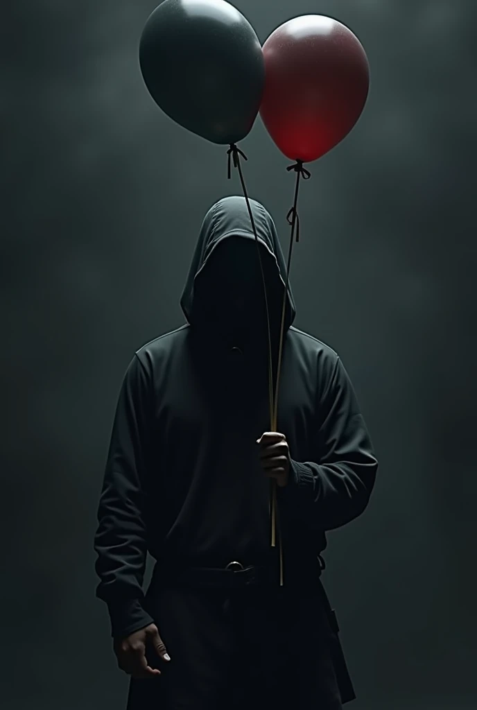 A turkish ninja holding ballons, has a hoodie and a black ballon infront of face. With a dark background