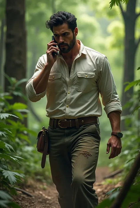 Handsome white man, strong body.  of the white dress shirt , Bent up to the forearms ,Dirty dirt and dress pants running lost in the middle of the forest, with the cell phone to the ear.  black hair 