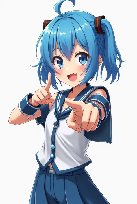  Create for me an anime character with blue hair with a full body, Young, pointing at the 
