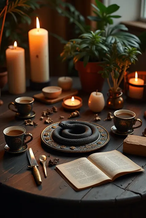 A magic table full of black and Jewish charms and beautiful and luminous candles and severed snake head, beautiful knives, mirror and magic plants on the wooden table, and all kinds of horoscope cards and coffee and magic tools.