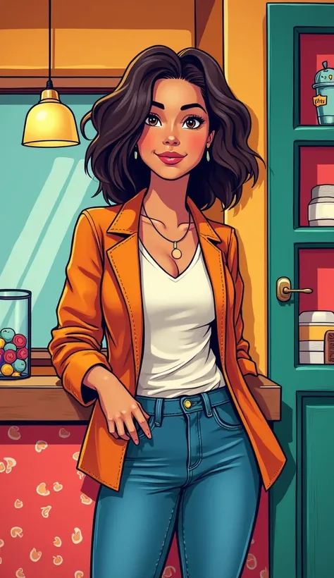 DISCREET image. with discreet casual clothes. image adult woman, american, comic book style. SHE IS HAPPY AND GRATEFUL, with a discreet smile. IMAGES WITH VIBRANT COLORS.