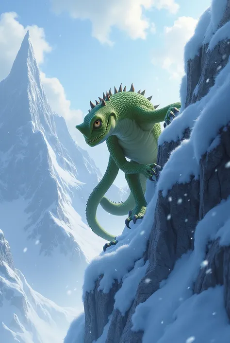 Randall from monsters is climbing a snowy mountain