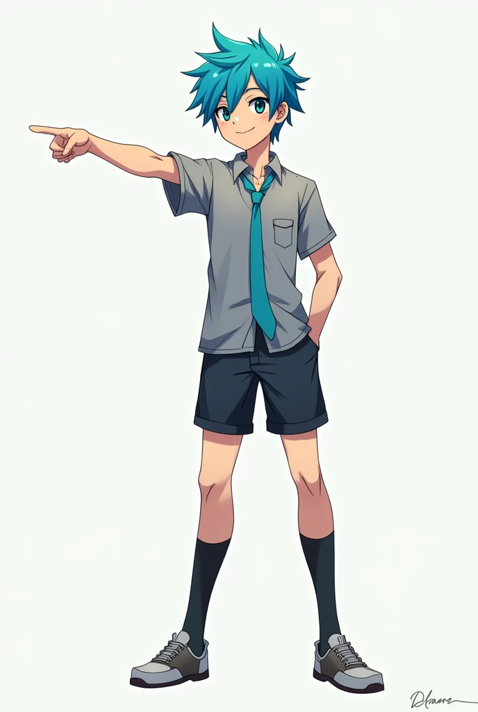 Create for me a blue-haired male anime character with a full body, Young, pointing at the 
