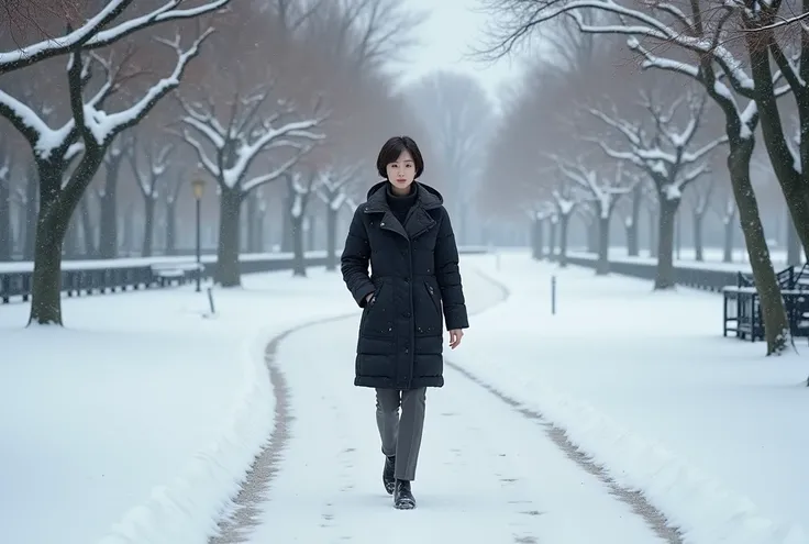 A beautiful Korean girl in her 0s  . Im walking in the park wearing a gray coat and sweater . A real beauty in her 50s Korean woman in a black coat  .  Snow blowing in the wind  . Its snowing a lot . A slow walk in the park  .  Realistic beauty in her 50s ...