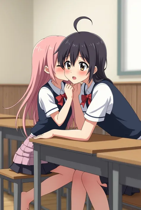 Cute anime girl and boy are having sex on school desk