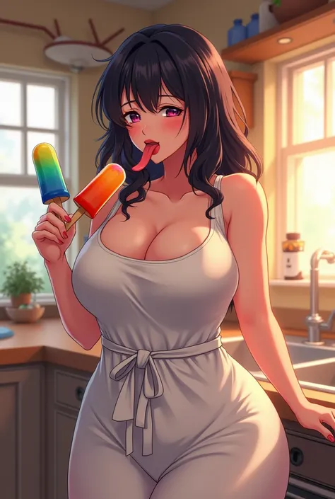 Milf anime woman in an apron with her tongue sticking out sucking popsicles 