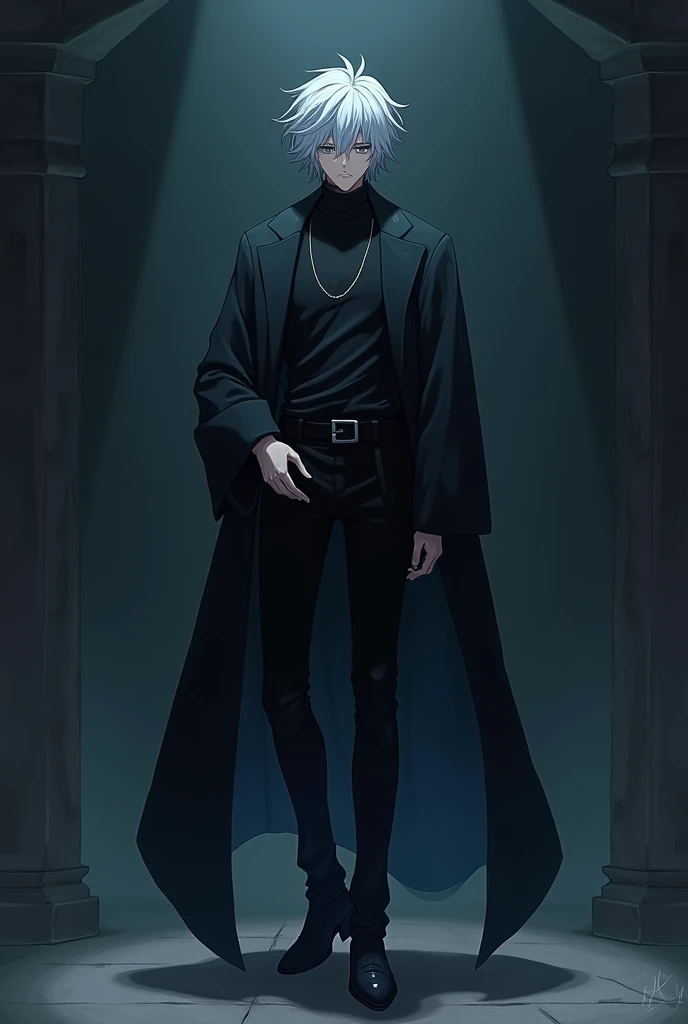 Anime like, majestic, like a novel, serious, mature, colourful, beautiful, male, black clothes, powerful, has the world in his hand, tired look, in a corner, dark, ominous, sad, white short hair, grey-blueish eyes