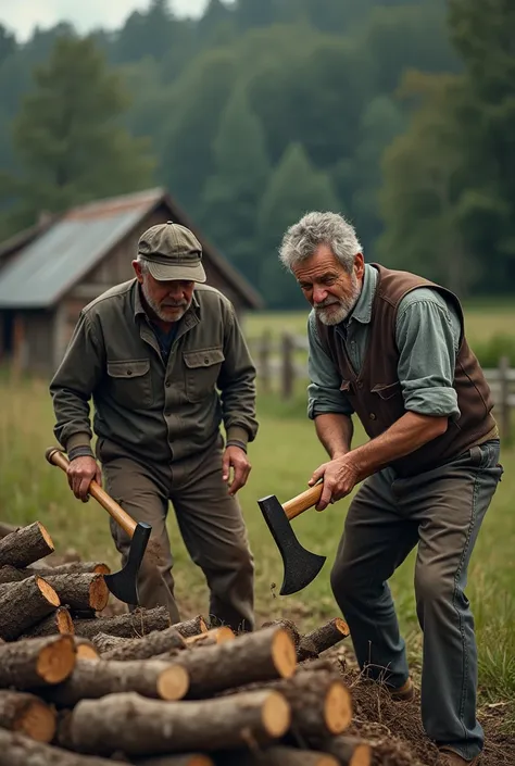 Estaba ayudando a mi abuelo en la finca, cortando leña cerca del bosque que rodea nuestra casa." "Que sea el mismo chico siempre An elderly man with gray hair and a young man in their twenties, wearing work clothes, cutting firewood with an axe, near a den...