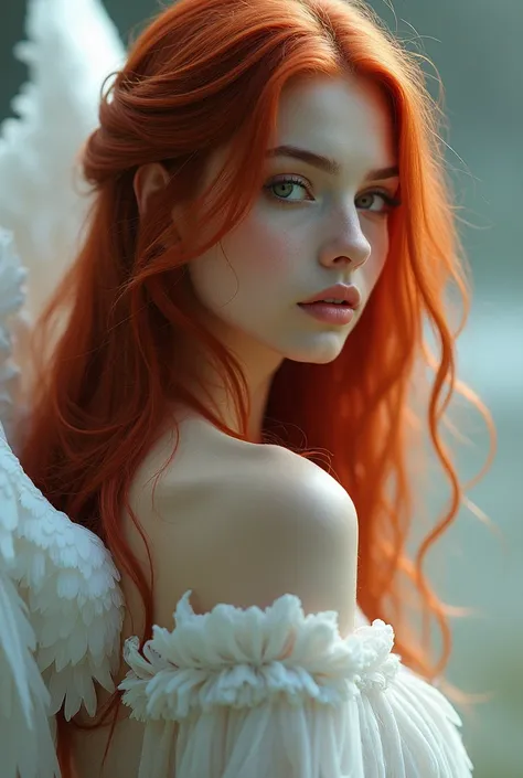 Close up of red hair woman’s back with white feather wings