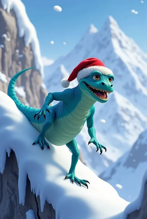 Randall from monsters is climbing a snowy mountain wearing a Christmas hat 